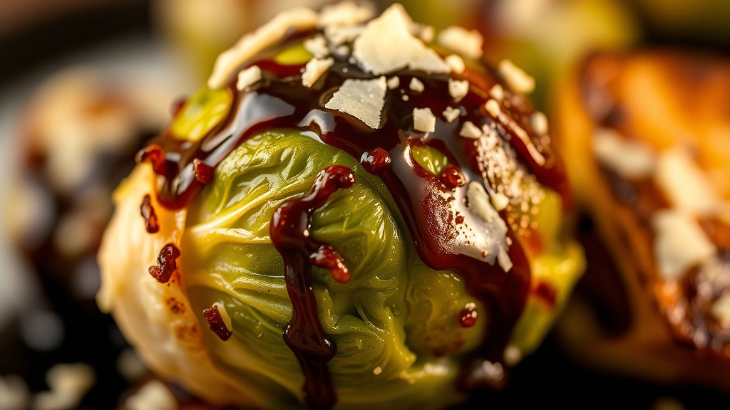 detail: close-up macro shot of single Brussels sprout with crispy caramelized edge and glossy balsamic glaze, Parmesan shavings on top, shallow depth of field, golden hour lighting, no text