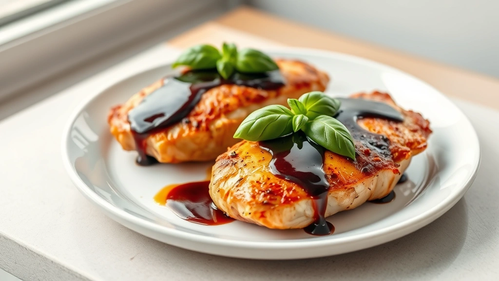 hero: golden-brown pan-seared chicken breasts with glossy dark balsamic glaze, fresh basil garnish, served on white plate with soft natural window light, professional food photography, no text or watermarks