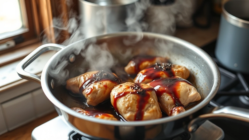 process: chicken sizzling in stainless steel skillet with balsamic glaze reduction, steam rising, medium shot showing cooking action, natural daylight from window, rustic kitchen setting, no text
