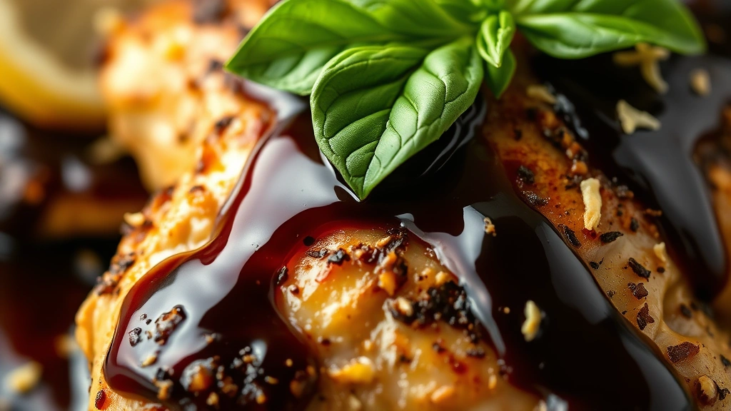 detail: close-up macro shot of balsamic glaze clinging to cooked chicken, fresh basil leaf on top, lemon zest visible, shallow depth of field, warm natural lighting, professional food styling, no text