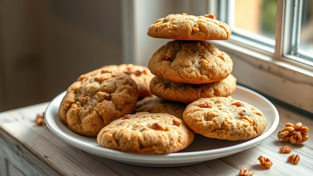 hero: plate of golden-brown soft banana bread cookies with walnuts, stacked and scattered, natural morning light from window, rustic white plate, no text or watermarks