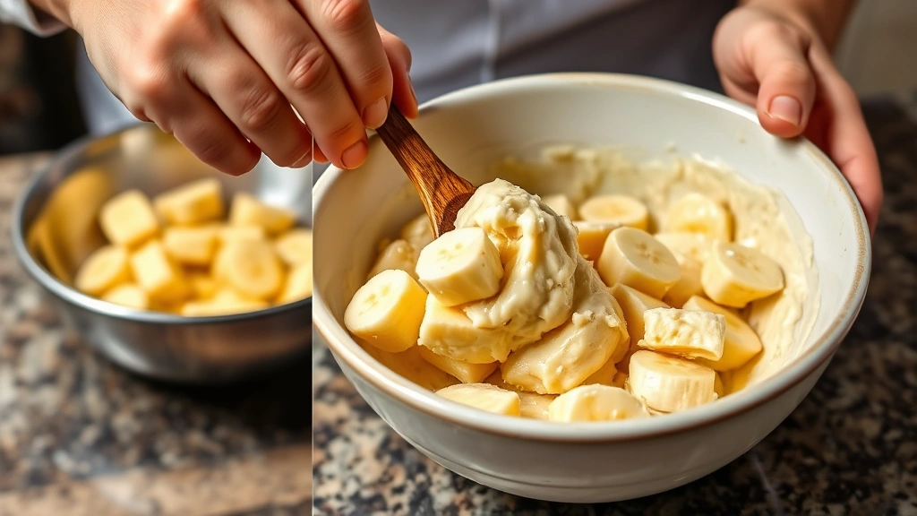 process: hands folding mashed bananas into creamy butter mixture in ceramic bowl with wooden spoon, bright kitchen counter lighting, professional food photography style
