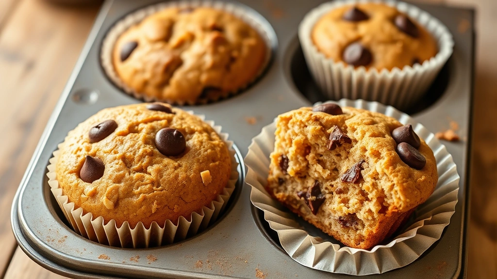 hero: golden-brown banana bread muffins in a muffin tin, three muffins with muffin liners visible, one muffin broken open showing moist interior with chocolate chips, warm kitchen lighting, rustic wooden surface, no text