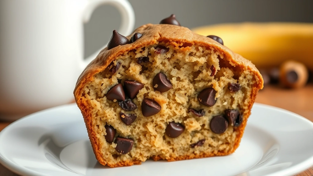 detail: cross-section of warm banana bread muffin showing tender crumb structure and chocolate chips throughout, sitting on white plate with coffee cup blurred in background, natural daylight, no text