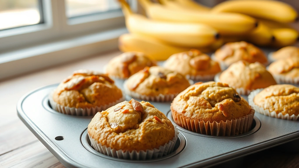 hero: golden brown banana bread muffins in a muffin tin, some with paper liners, fresh bananas in background, warm natural window light, no text or watermarks