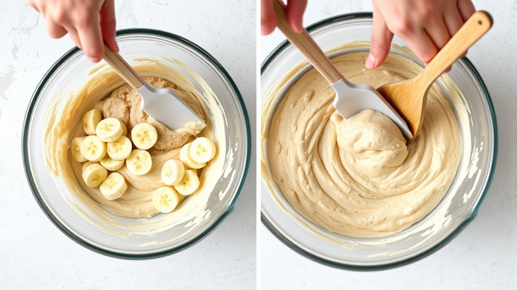 process: hands folding banana batter with a spatula in a mixing bowl, wooden spoon, ingredients visible, soft natural lighting, no text