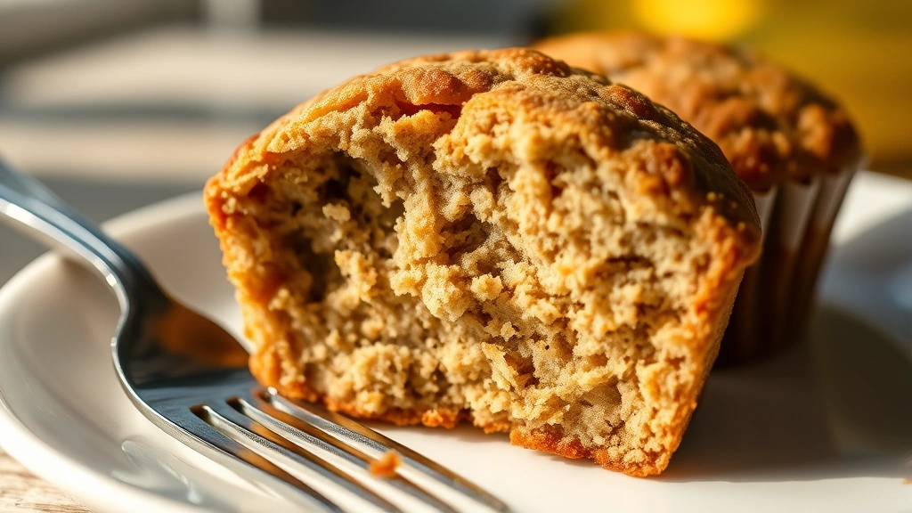 detail: close-up cross-section of a single banana bread muffin showing moist crumb structure and texture, on a white plate with a fork, warm afternoon light, no text