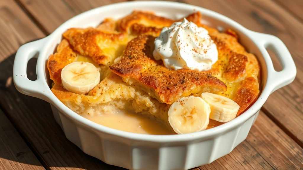hero: banana bread pudding in white baking dish, golden brown top, warm vanilla custard visible, fresh banana slices, whipped cream dollop, cinnamon sprinkle, rustic wooden table, natural sunlight, homestyle comfort dessert
