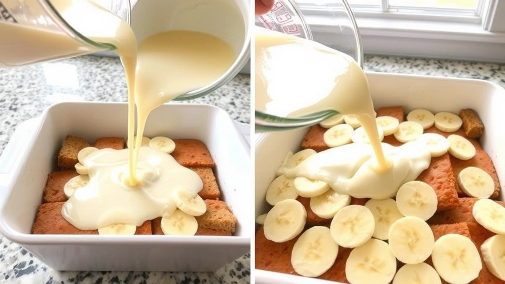 process: pouring vanilla custard mixture over cubed banana bread and sliced bananas in baking dish, creamy liquid cascading, kitchen counter, natural window light, baking preparation