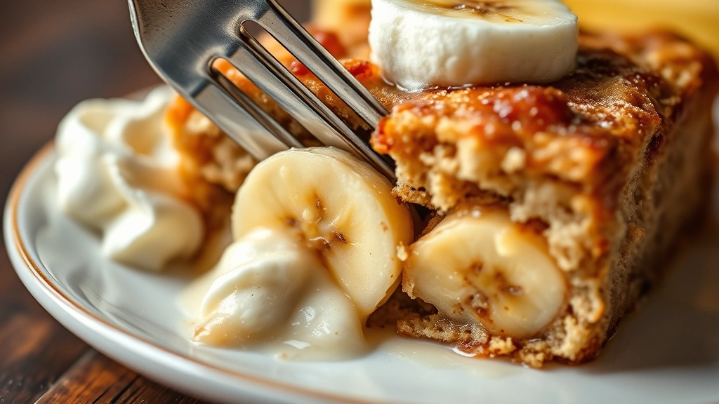 detail: close-up of banana bread pudding cross-section showing layers of bread, banana slices, creamy custard, fork cutting into warm pudding, plate with whipped cream, shallow depth of field