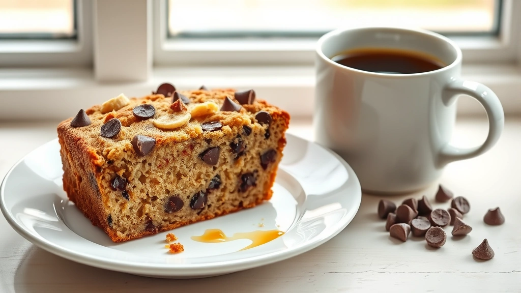 hero: slice of chocolate chip banana bread on white plate with melted chocolate chips visible, cup of coffee beside it, photorealistic, natural window light, no text