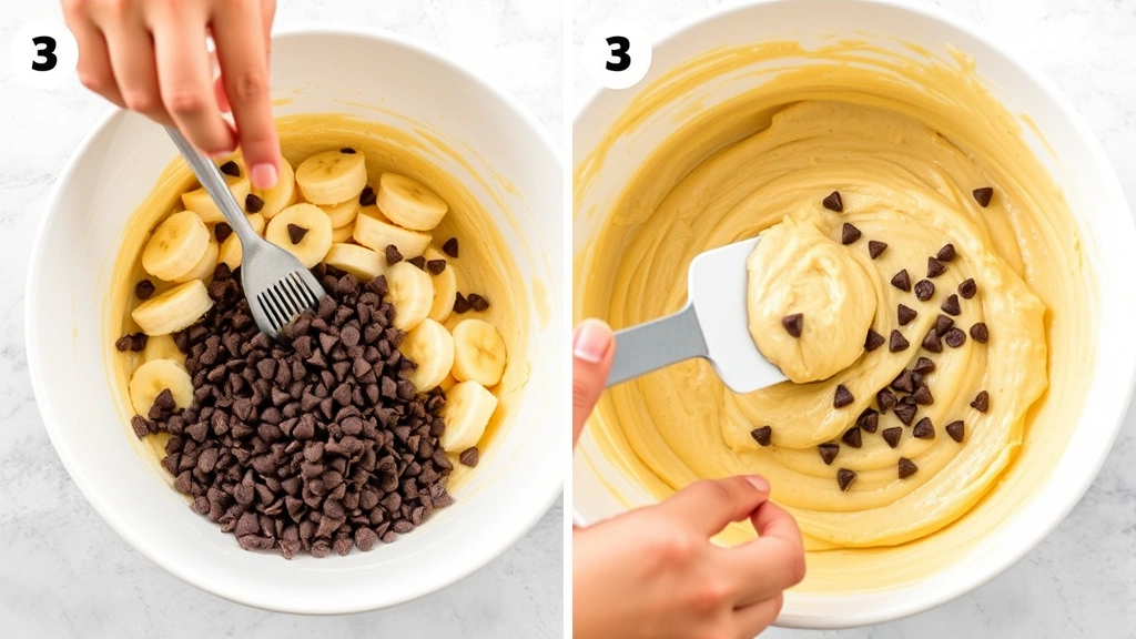 process: hands folding chocolate chips into banana bread batter in white mixing bowl with spatula, photorealistic, natural light, no text