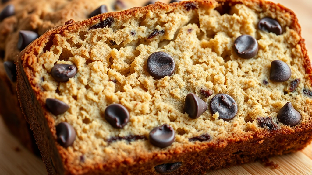 detail: close-up cross-section of chocolate chip banana bread showing moist tender crumb and melted chocolate chips throughout, photorealistic, natural light, no text