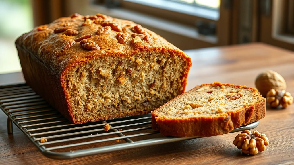 hero: golden-brown eggless banana bread loaf on cooling rack, moist crumb visible from cross-section, walnuts scattered nearby, natural window light, rustic wooden table background, no text