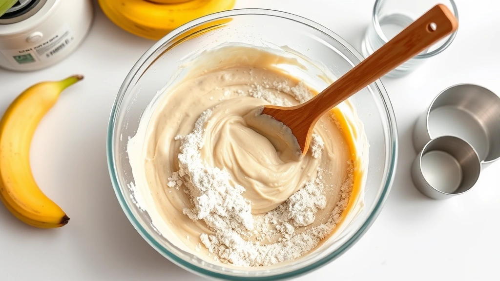 process: mixing wet banana batter with folded dry ingredients in glass bowl, wooden spoon mid-stir, banana peels and measuring cups nearby, bright kitchen countertop, natural daylight, no text