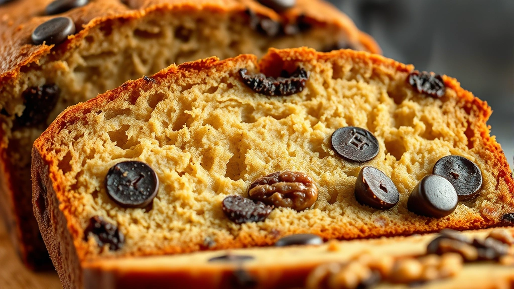 detail: close-up of sliced banana bread showing tender crumb structure, chocolate chips and walnut pieces visible, steam rising, warm golden color, shallow depth of field, no text