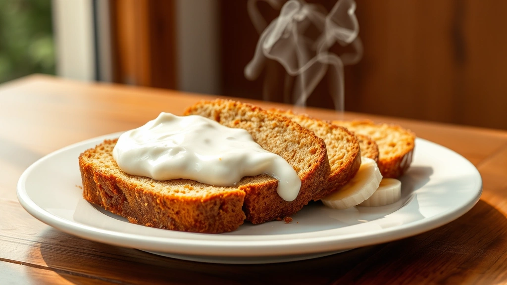 hero: sliced banana bread with yogurt on white plate, golden brown color, steam rising, natural window light, wooden table background, no text