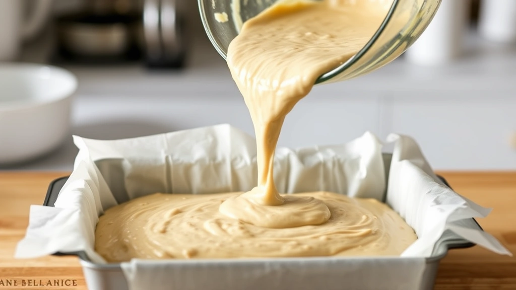 process: pouring banana bread batter into loaf pan lined with parchment, bright kitchen lighting, clear view of thick creamy batter, no text
