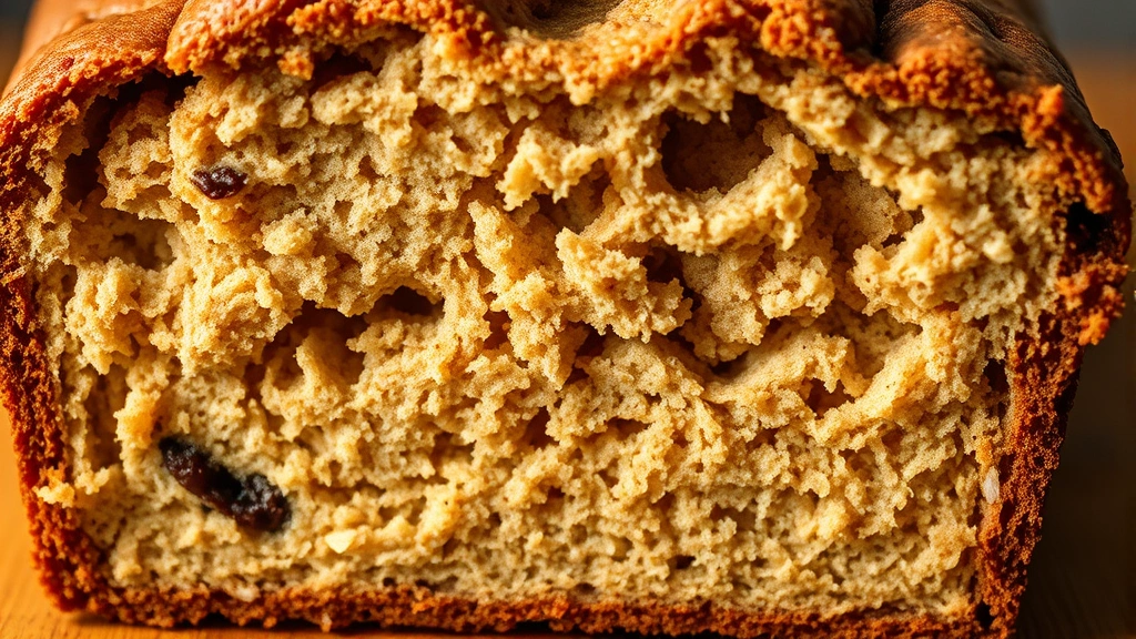 detail: close-up cross-section of baked banana bread showing moist crumb structure, golden interior, warm lighting, no text