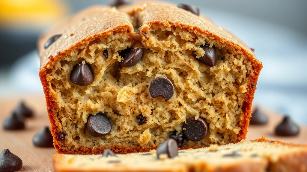 detail: close-up cross-section of finished banana bread showing moist tender crumb structure with chocolate chips, photorealistic, natural daylight, no text, macro photography