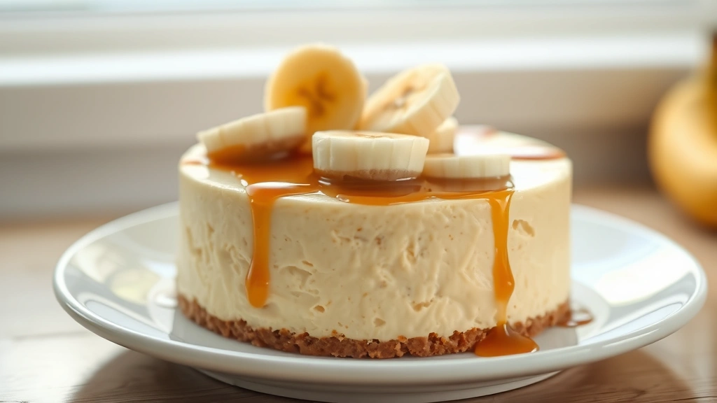 hero: whole banana cheesecake on white ceramic plate, creamy texture visible, fresh banana slices on top, caramel drizzle, soft natural window light, shallow depth of field, no text or watermarks