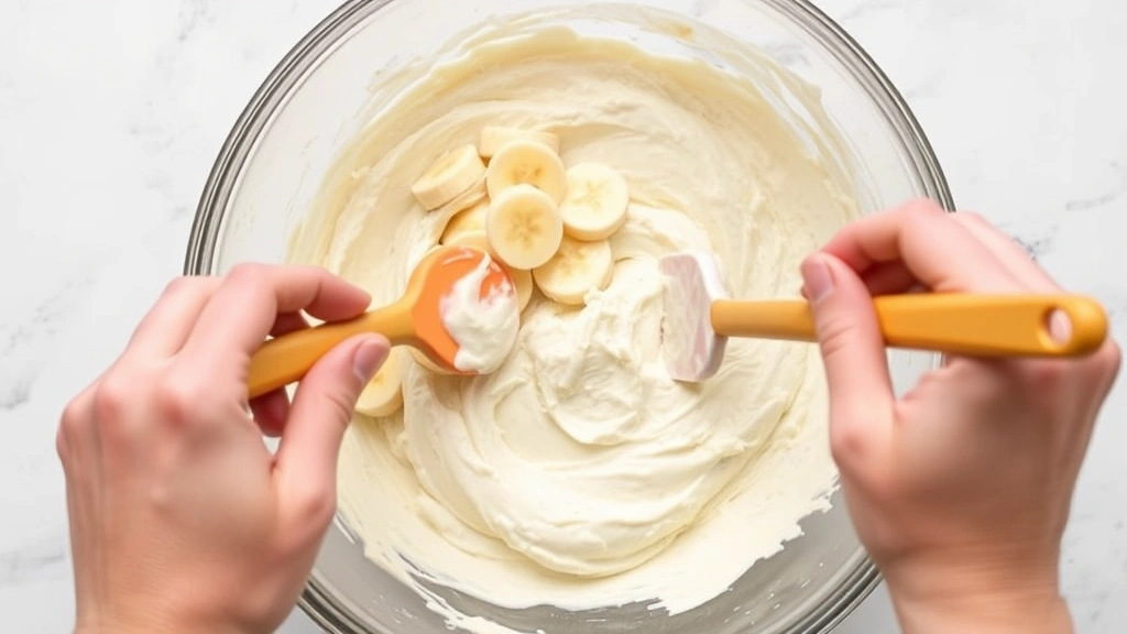 process: hands folding banana puree into cream cheese filling with rubber spatula, mixing bowl, clear ingredient visibility, bright kitchen lighting, overhead angle, no text or watermarks