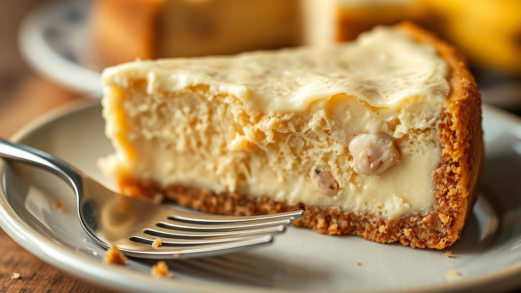 detail: close-up cross-section of banana cheesecake showing distinct layers of crust and creamy filling, fork on plate nearby, macro photography, warm natural lighting, no text or watermarks