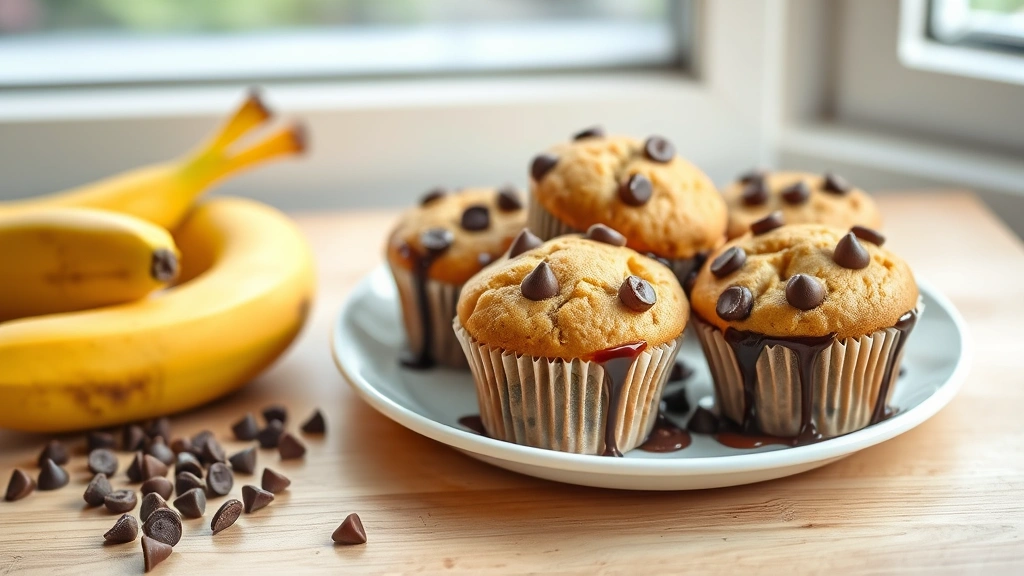 hero: golden-brown banana chocolate chip muffins arranged on white plate with melted chocolate dripping down sides, soft natural window light, fresh bananas and chocolate chips scattered nearby, close-up shot, photorealistic, warm inviting aesthetic, no text or watermarks