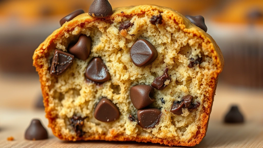 detail: single sliced banana chocolate chip muffin showing interior texture and melted chocolate chunks, golden-brown exterior, soft crumb visible in cross-section, natural daylight, macro photography style, photorealistic, no text