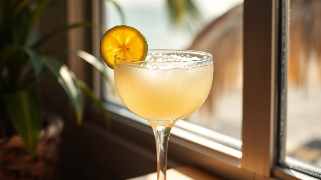 hero: perfectly chilled banana daiquiri cocktail in coupe glass with lime wheel garnish and fresh banana slice, tropical setting, natural sunlight streaming through window, condensation on glass, creamy pale yellow color, beachside aesthetic, no text visible
