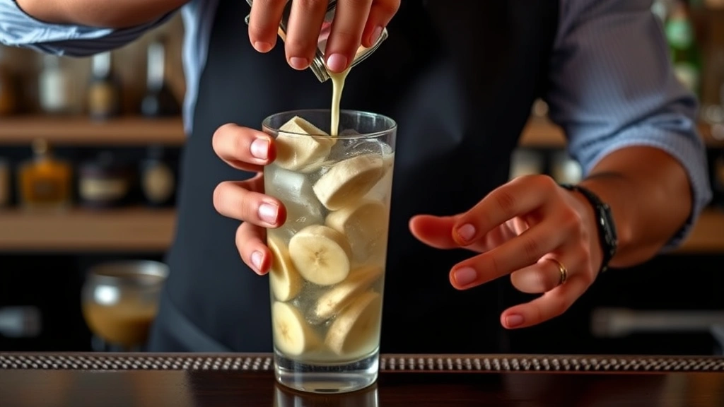 process: bartender shaking banana daiquiri in professional cocktail shaker with ice, banana slices visible in shaker, professional bar setup, dynamic motion captured, natural light from above, hands in frame, no text visible