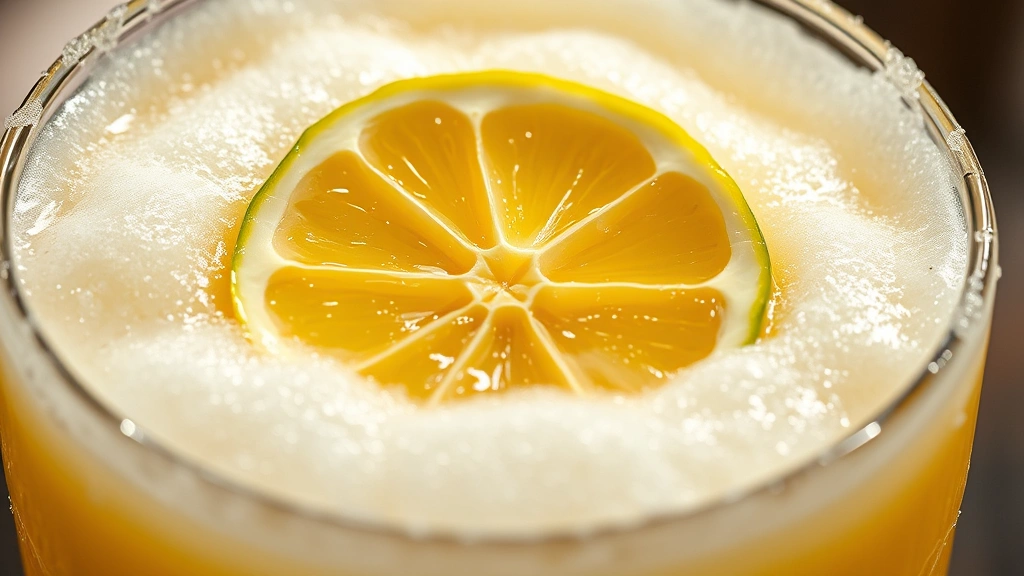 detail: close-up of finished banana daiquiri showing creamy texture and foam head, lime wheel garnish perfectly positioned, ice crystals visible, golden-yellow color in natural light, macro photography, no text visible