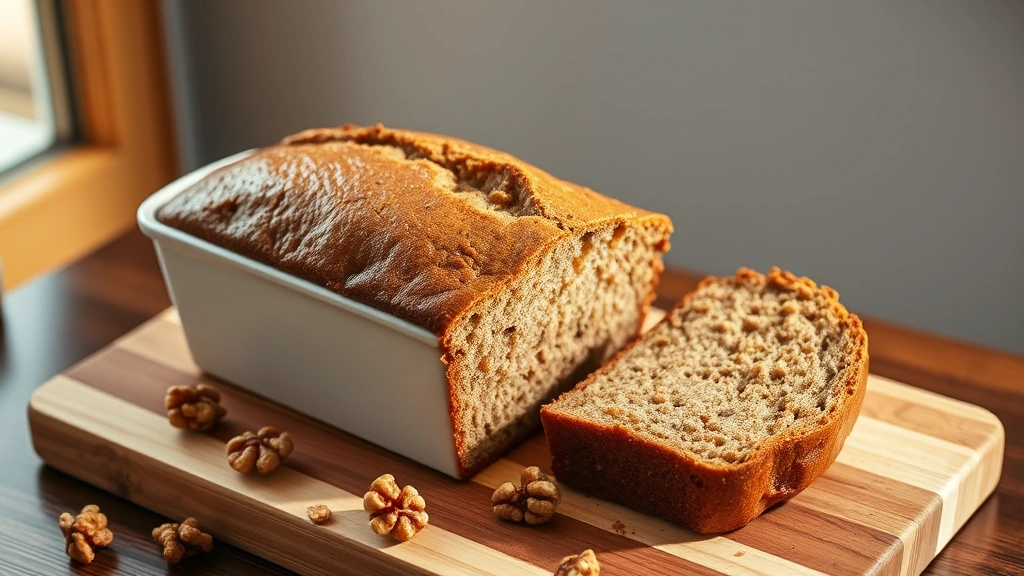 hero: freshly baked golden-brown banana loaf in white ceramic loaf pan on wooden cutting board, one slice cut showing moist tender crumb, warm natural window light from left, scattered walnut pieces nearby, no text or watermarks