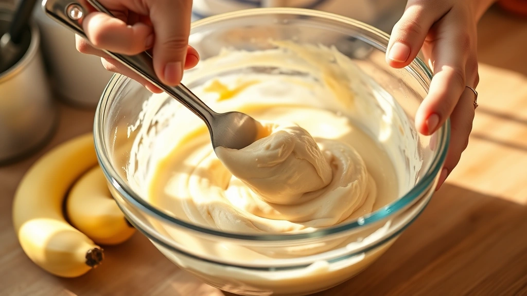 process: hands folding banana batter with spatula in glass mixing bowl, creamy light-colored batter visible, sunlit kitchen counter, shallow depth of field on batter, photorealistic, no text