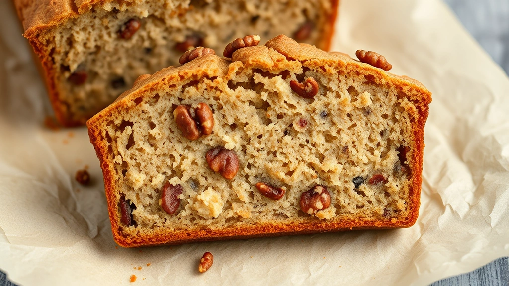 detail: close-up cross-section of banana loaf slice showing dense moist crumb structure with walnut pieces, pale golden color, resting on parchment paper, natural overhead lighting, macro photography style, no text