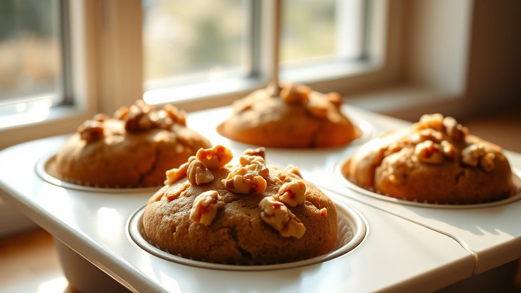 hero: golden brown banana nut muffins in a white ceramic muffin tin, topped with crushed walnuts, natural morning light streaming through a window, warm and inviting, no text