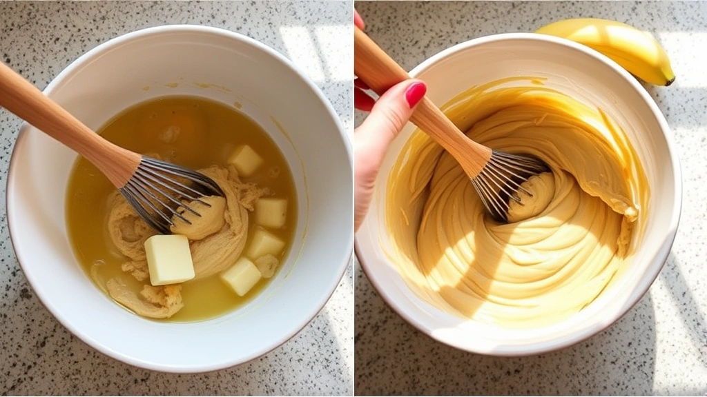 process: hands stirring banana muffin batter in a ceramic bowl with a wooden spoon, melted butter and mashed bananas visible, sunlit kitchen countertop, no text