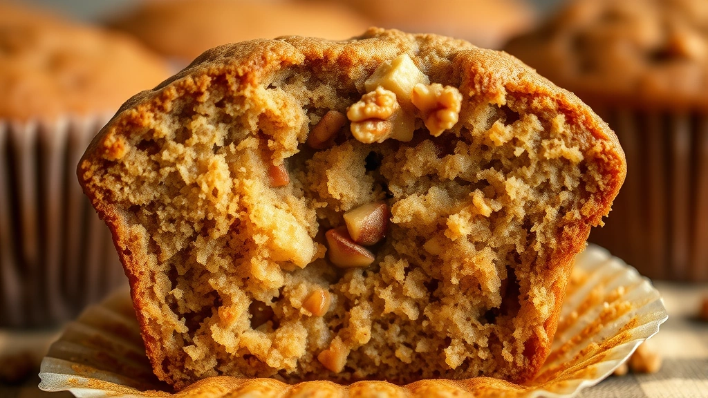detail: close-up cross-section of a freshly baked banana nut muffin showing moist crumb structure and walnut pieces throughout, steam rising, shallow depth of field, no text