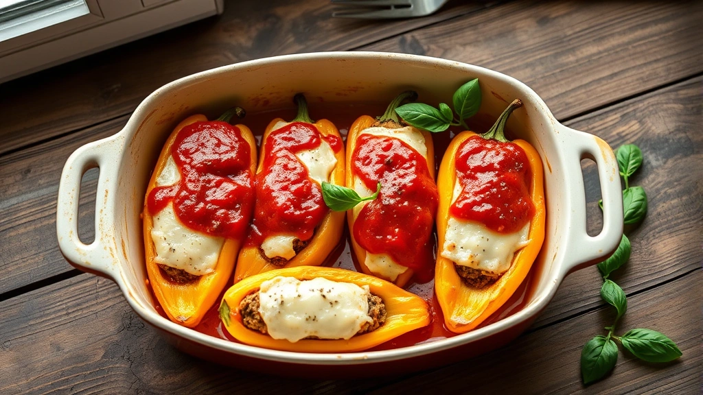 hero: golden-baked stuffed banana peppers in ceramic baking dish with melted mozzarella and marinara sauce, steam rising, fresh basil garnish, rustic wooden table background, natural window light, warm overhead angle, food photography, no text
