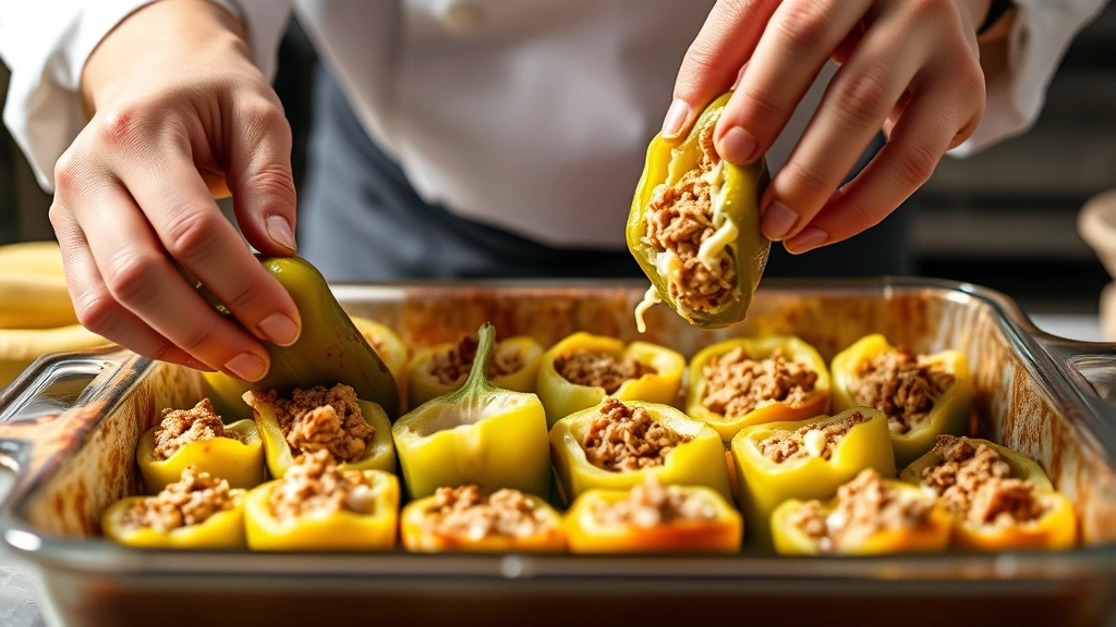 process: chef's hands stuffing banana peppers with meat and cheese filling in baking dish, mid-action shot showing the filling, bright kitchen lighting, close perspective, professional food photography, no text