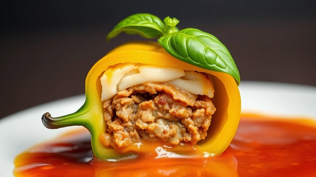 detail: close-up of single stuffed banana pepper cross-section showing layers of cheese, meat filling, and tender pepper flesh, sauce pooling around it, fresh basil leaf on top, shallow depth of field, studio lighting, no text
