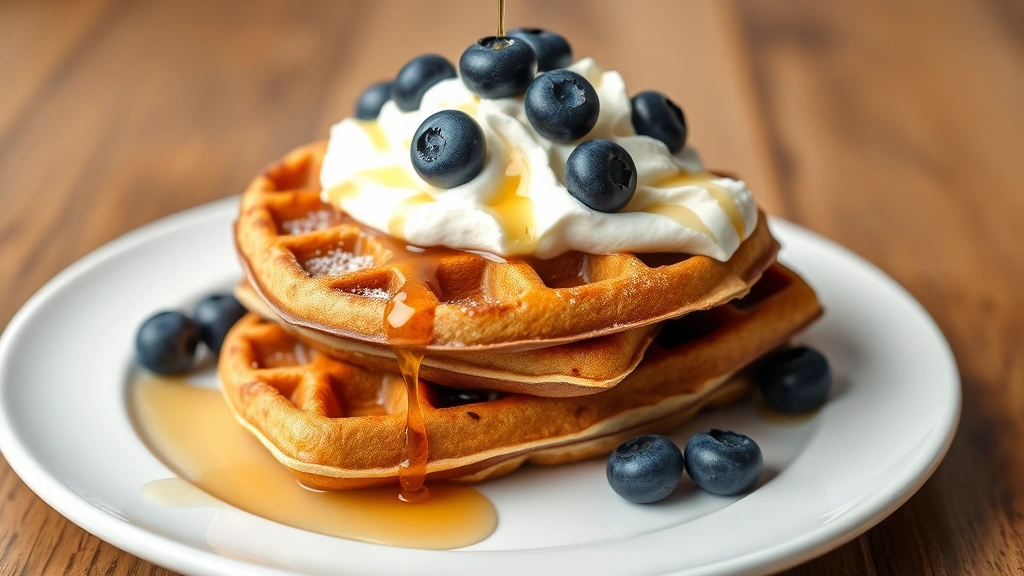 hero: stack of golden-brown banana waffles on a white plate, topped with whipped cream and fresh blueberries, drizzled with maple syrup, photorealistic, natural morning light, no text