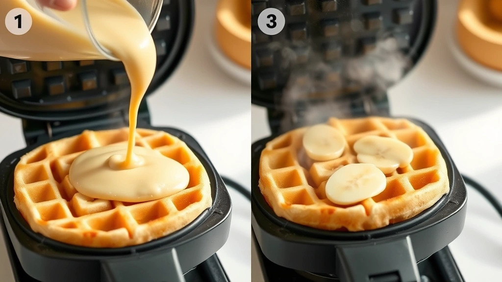 process: pouring banana waffle batter into a hot waffle iron, showing the steam rising, photorealistic, bright kitchen lighting, no text