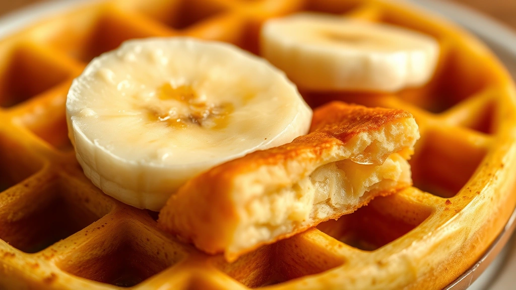 detail: close-up of a single slice of banana waffle showing the fluffy interior texture and crispy golden exterior, photorealistic, warm natural light, no text