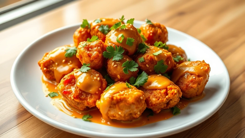 hero: golden crispy bang bang chicken pieces coated in creamy spicy sauce, garnished with fresh cilantro and sesame seeds, served on a white plate, photorealistic, natural window light, no text