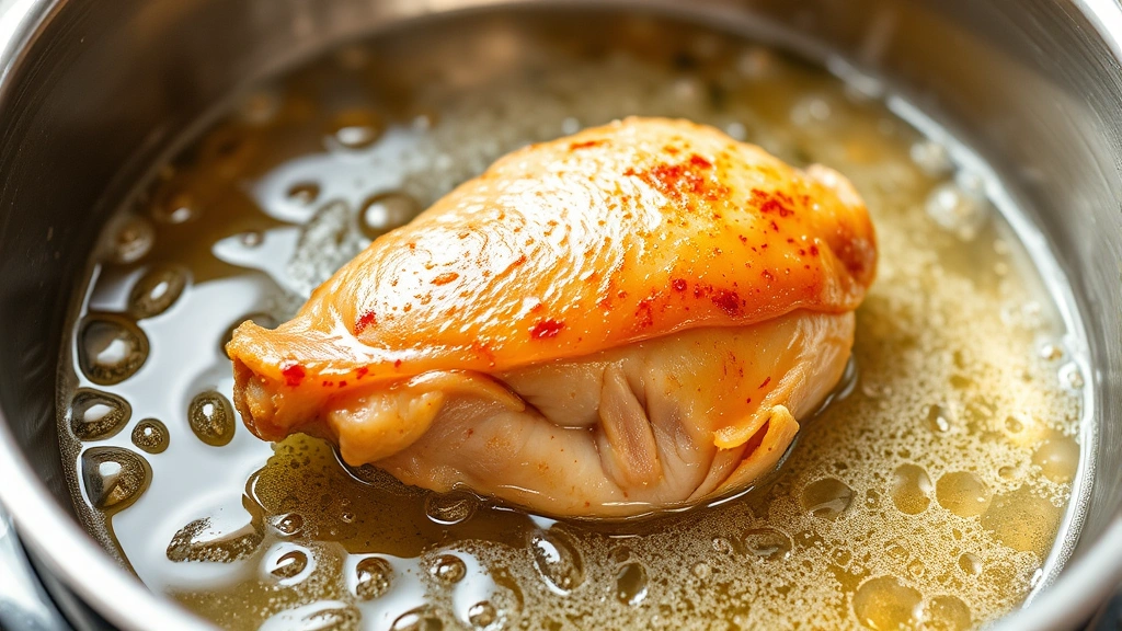 process: chicken being carefully fried in hot oil until golden brown, showing the crispy exterior forming, stainless steel pot with bubbling oil, photorealistic, natural light, no text