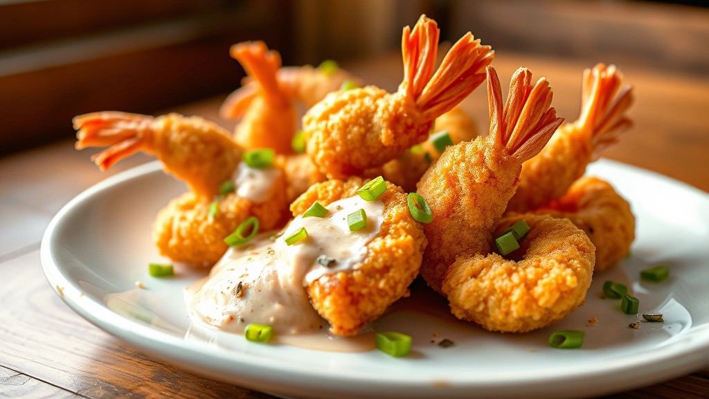 hero: plate of golden fried bang bang shrimp with creamy pink sauce, garnished with green onions and sesame seeds, shallow depth of field, warm natural window light, rustic white plate
