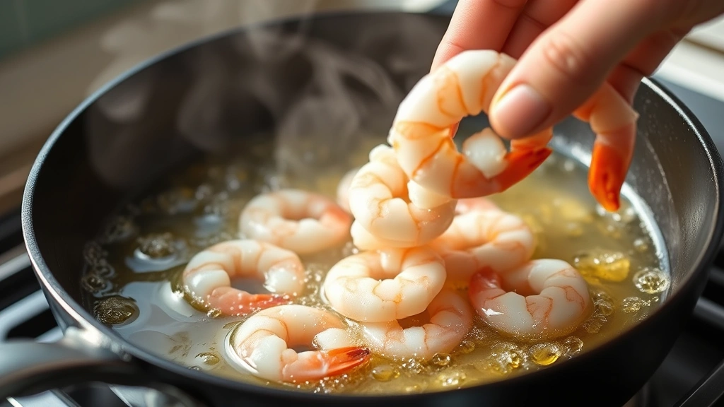 process: shrimp being carefully placed into bubbling golden hot oil in a cast iron skillet, steam rising, natural daylight, close angle showing the motion