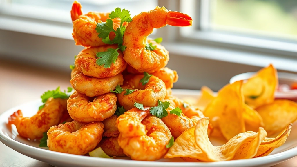 hero: golden crispy bang bang shrimp piled high on a white plate, garnished with fresh cilantro and sesame seeds, wonton chips alongside, photorealistic, natural daylight from window, no text
