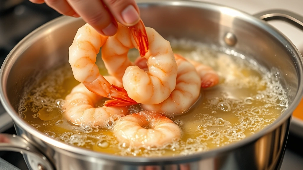 process: shrimp being carefully placed into bubbling golden hot oil in a stainless steel pot, splashes of oil visible, photorealistic, warm kitchen lighting, no text